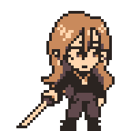 a pixel art sprite of Diana. they are holding a sword and look serious